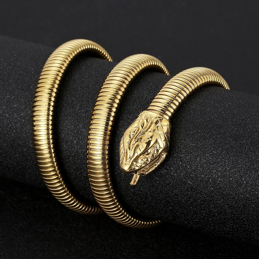 Hip Hop Rattlesnake Bracelet Men‘s Wome's Viper Open Cuff Bangles Gold Color Stainless Steel Wristband Charm Rock Chain Jewelry