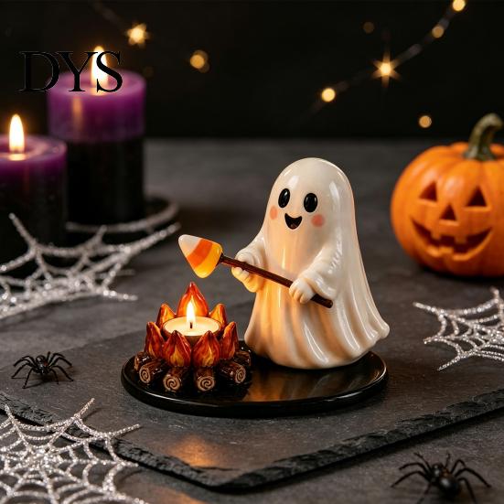 Decorative Resin Ghost Ornaments Halloween Campfire Tealight Holder, Mummy Scarecrow Cozy Home Atmosphere Accessories Candle Stand for Desk,