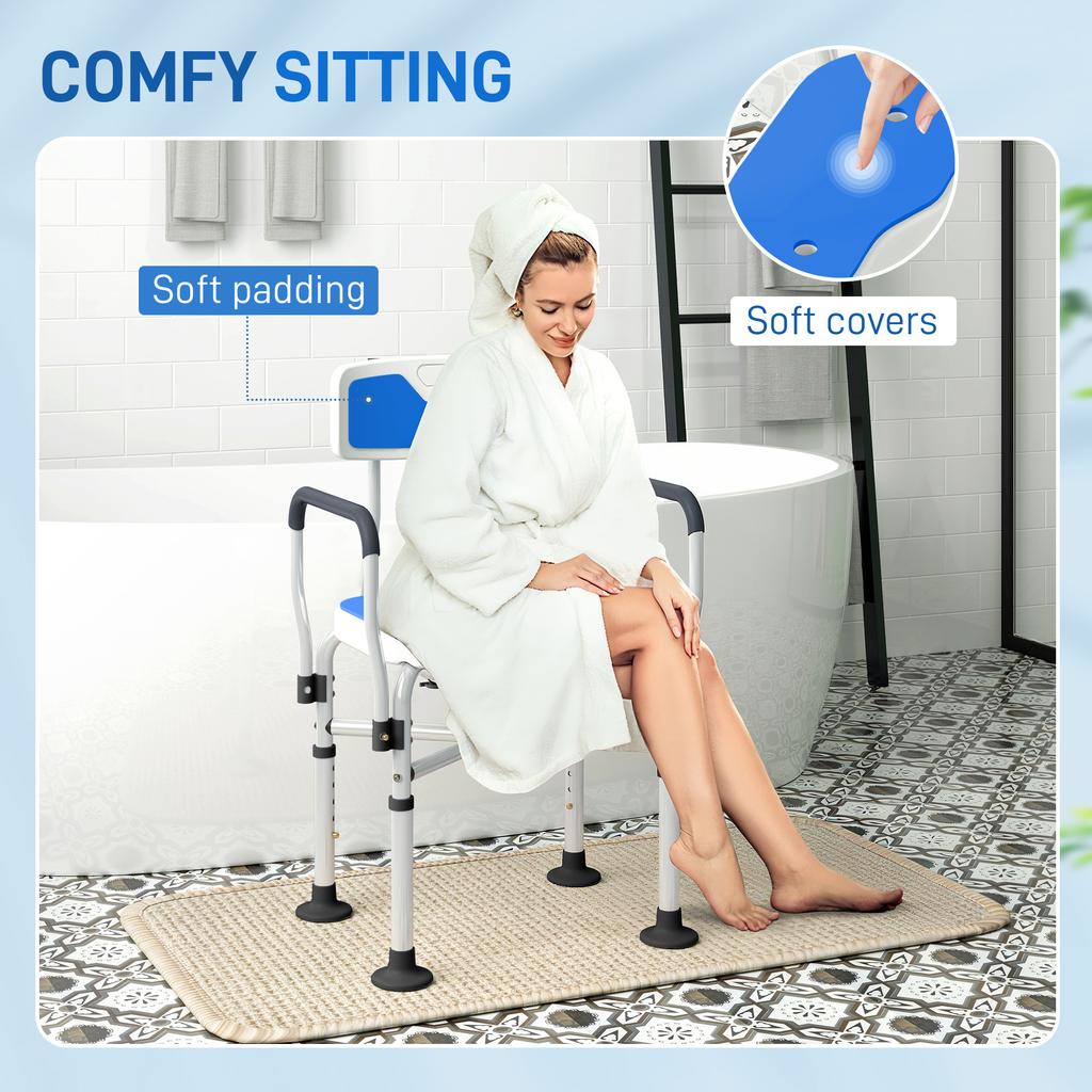 Shower Chair With Slotted Seat Adjustable Height Non Slip Backrest And Armrests Load 136 Kg Blue