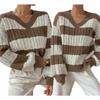 New Autumn/Winter Relaxed-Style Knitwear: Loose-Fitting, Fashionable Women’s V-neck Retro Colour-Blocked Striped Jumper