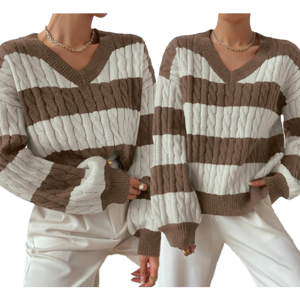 New Autumn/Winter Relaxed-Style Knitwear: Loose-Fitting, Fashionable Women’s V-neck Retro Colour-Blocked Striped Jumper