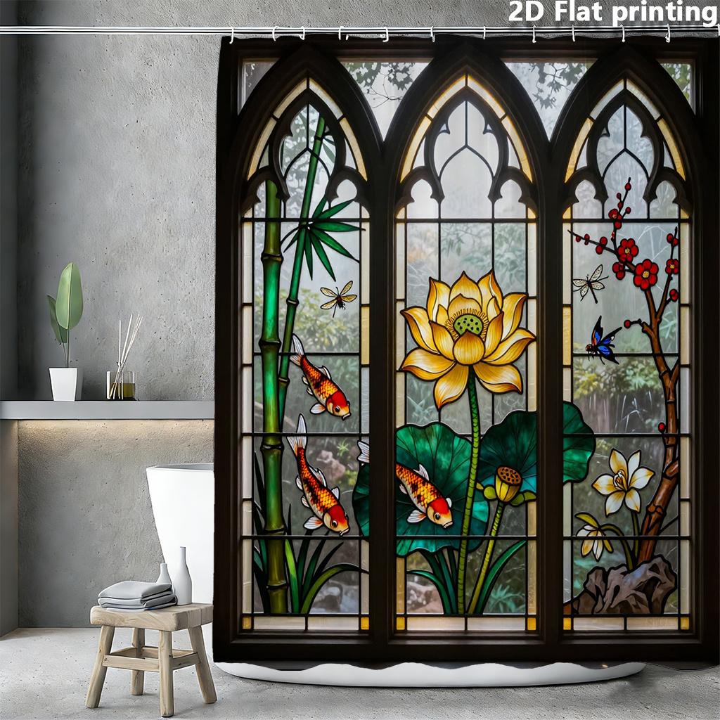

Stained Glass Shower Curtain 1Pc Polyester 2D Flat Print 70.8X70.8 Lotus Koi Plum Blossoms Butterflies On White Base W60H190(CM)-1 Pcs