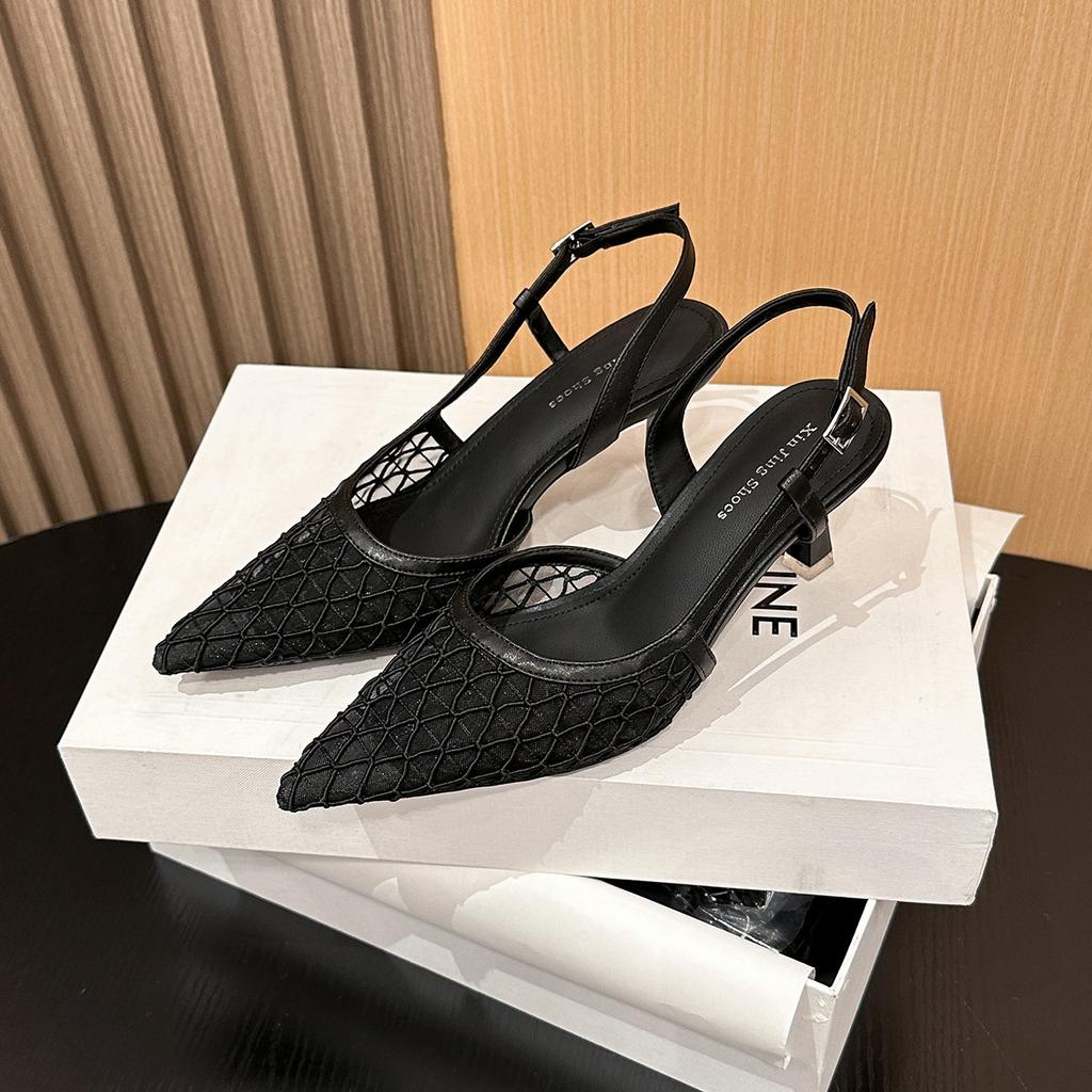 High Heels Womens Summer New Temperament Pointed Head Woven Thin Heels Single Shoes Mesh Breathable High Heels Sandals Women