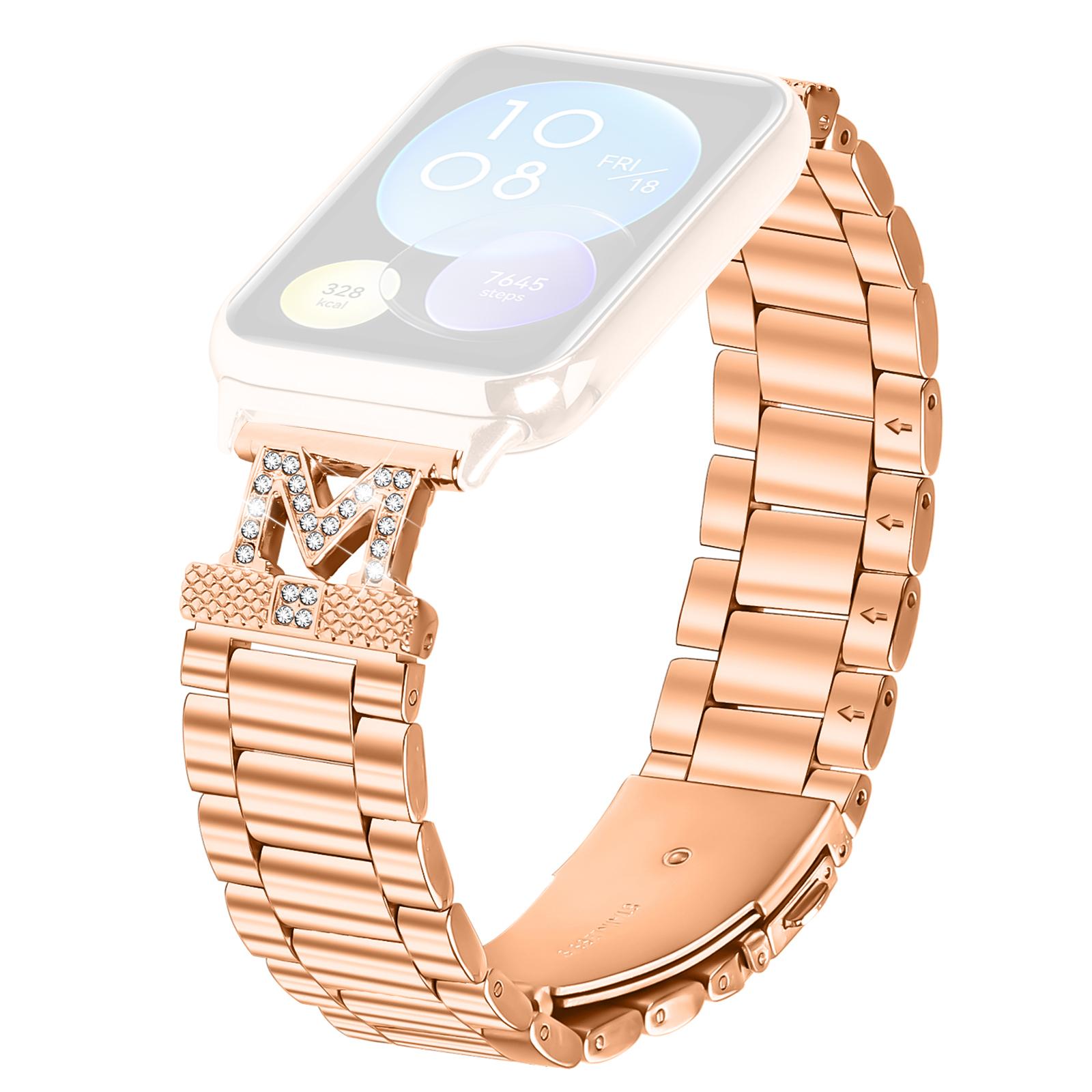 

For Xiaomi Redmi Watch 4 Replacement Strap M-Type Rhinestones Decor Stainless Steel 3-Bead Watch Band Rose Gold