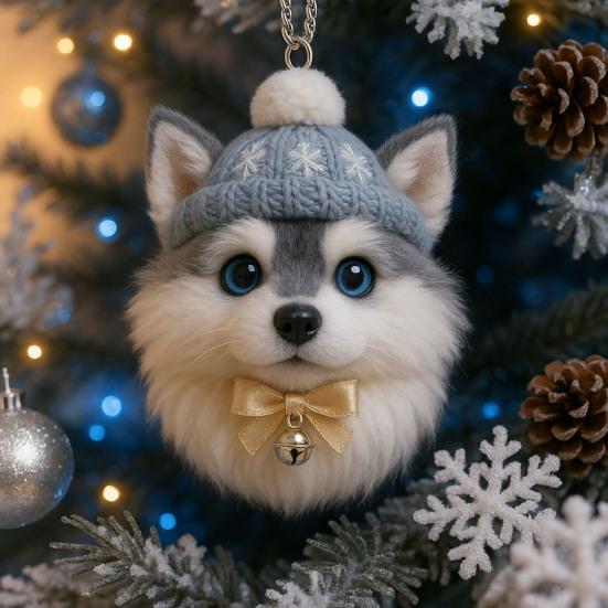 Pompon Haustier Ornament 2D Acryl Niedlicher Hund Weihnachtsschmuck Cartoon Fellförmiges Haustier Weihnachtsbaum Hängedekor für Feiertags-Partyzubehör