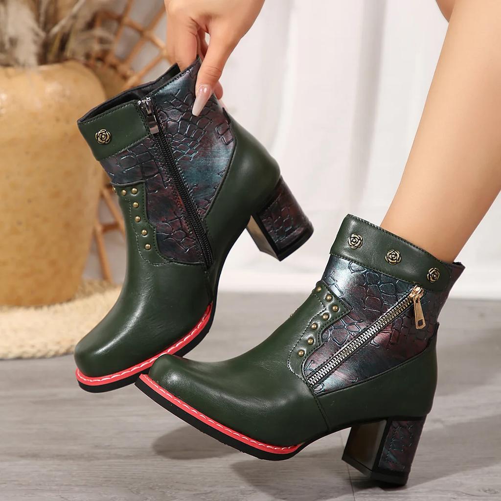 Damen Casual Lederstiefel im Ethno-Stil 2024 Winter Retro Splicing Blockabsatz Damenschuhe Hochhackig Kurz Mode Botas