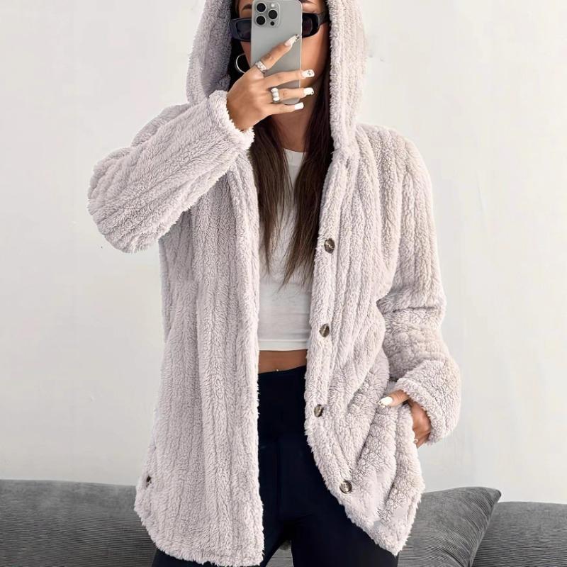 Herbst Winter Neu Damen Einfarbig Langärmlig Kapuzenjacke Locker Plüsch Samt