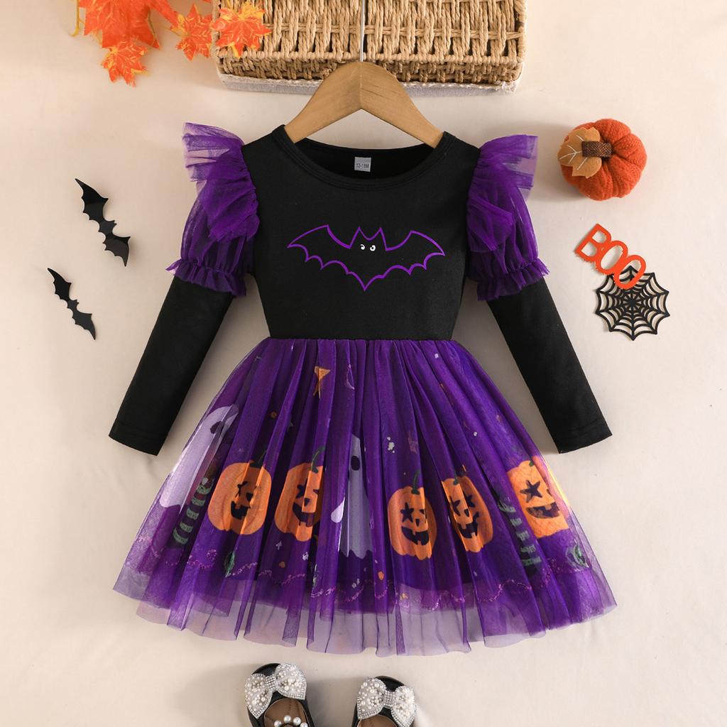 Toddler Girls Long Sleeve Halloween Dress with Pumpkin Print Puffy for Party