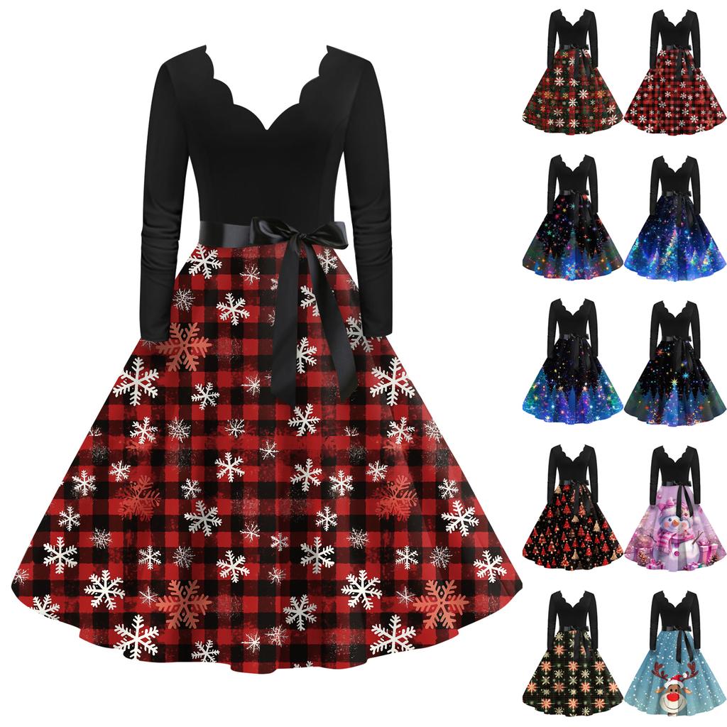 Dámské ležérní módní šaty s výstřihem do V, dlouhým rukávem a retro vánočním potiskem