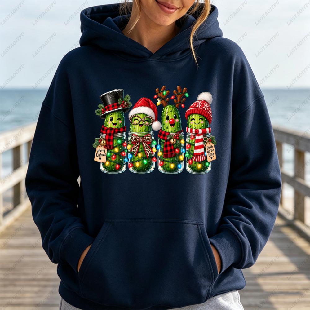 Christmas Pickle Family Funny Pickle Jar Xmas Graphic Hoodie Women Casual Long Sleeve Pullover Humorous Winter Clothes Women