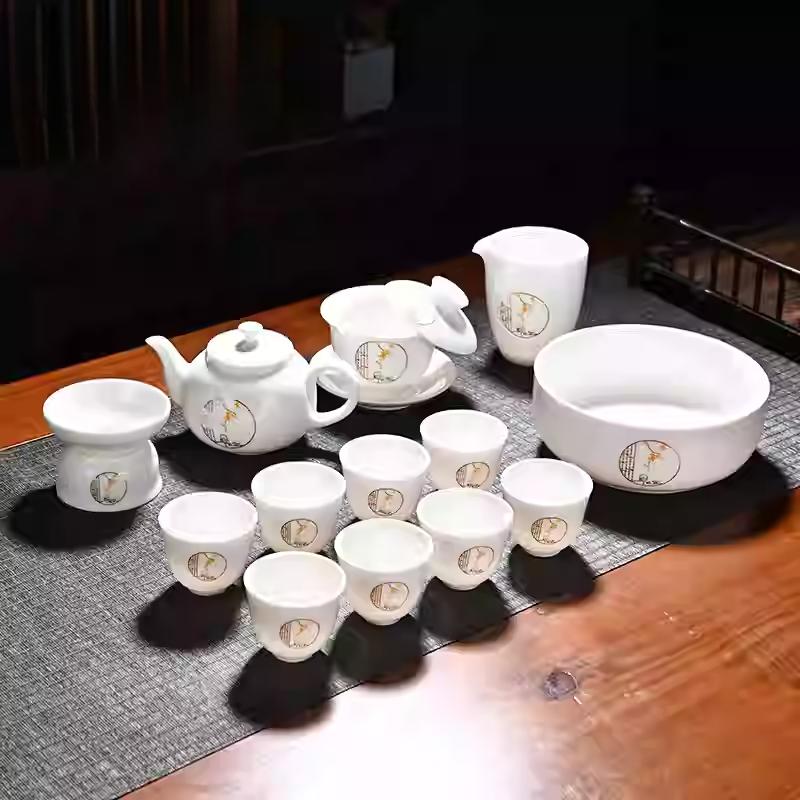 Goat Jade Tea Set Kung Fu Set Chinese Light Luxury Tea Calendars Teacups Office White Porcelain Teapot Covered Bowl Set