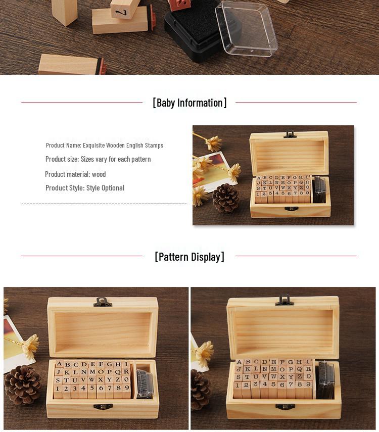 Ming Dynasty-Inspired Seal Set: 36 Ink Pad Wooden Stamps with Letter and Number Typewriter Designs