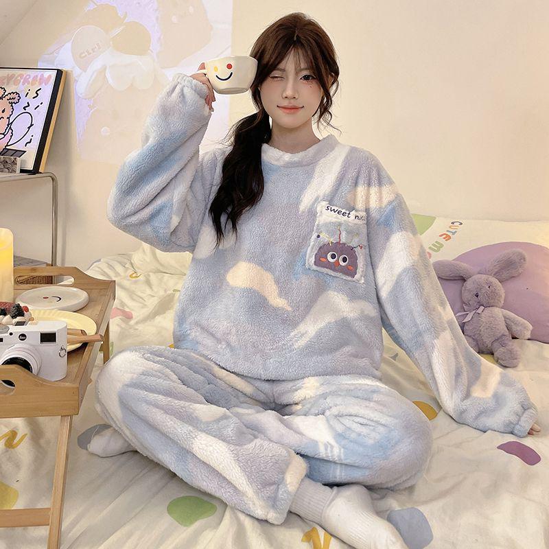 Damski Słodki Kreskówkowy Flanelowy Zestaw Piżamowy - Gruby, Podszyty Polarem i Przytulny na Jesień i Zimę