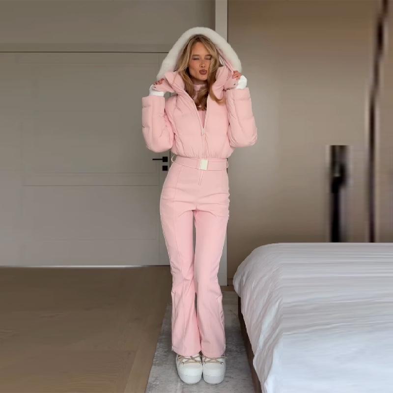 2025 Autumn/Winter Women's Tassel Hooded Ski Cotton Jacket with Belt