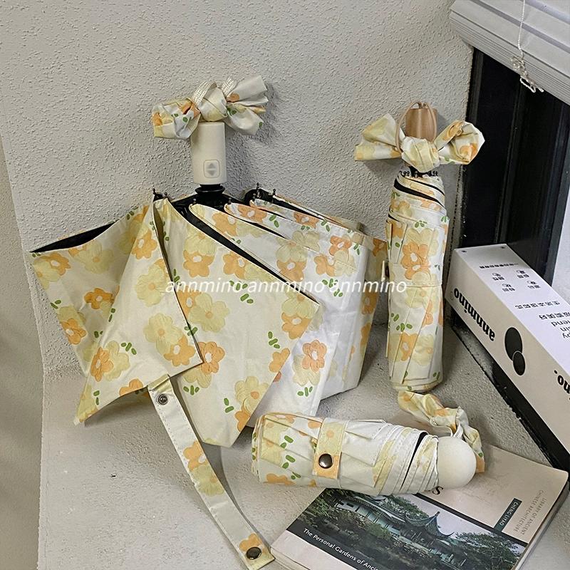 Paraguas automático para mujer con estampado de campo de flores y espuma de leche, de doble uso para sol y lluvia, sombrilla de vinilo plegable en tres secciones con protección solar
