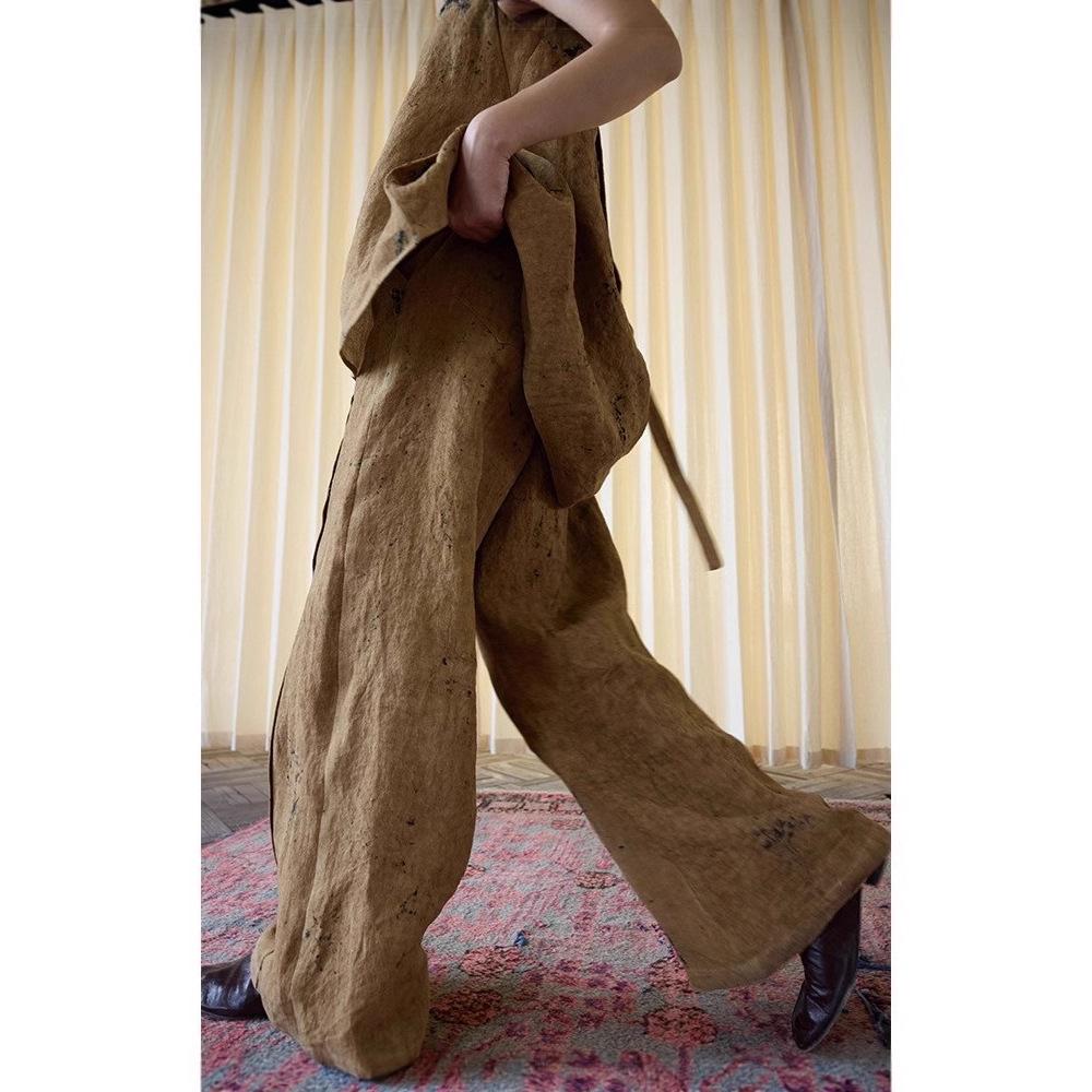 Autumn Artistic Retro Linen Mottled Origami Straight-Leg Casual Pants M