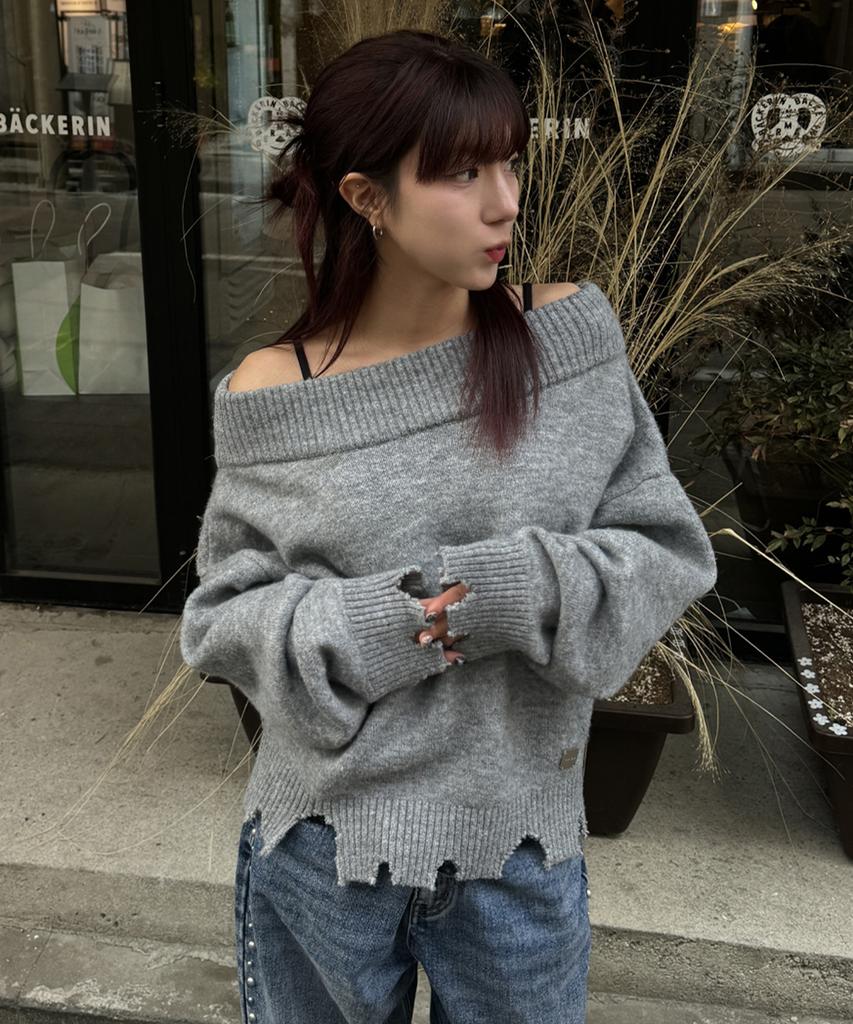 ROCKCAKE Off Shoulder Damaged Knit - Gray
