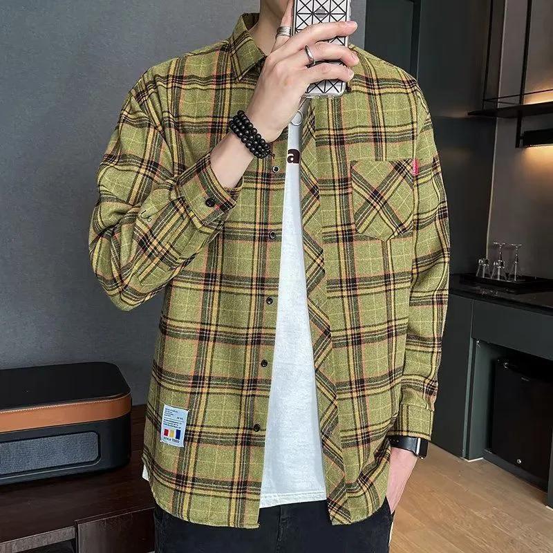 Spring Autumn Men's Long-sleeved Lapel Plaid Shirt Men's Versatile Retro Casual Shirt Blouse Jacket Men's Striped Plaid Shirt
