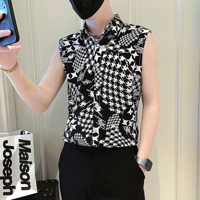 Elegant Fashion Harajuku Slim Fit Ropa Hombre Loose Casual Sport All Match Blusa Printed Button Pointed Collar Sleeveless Vest