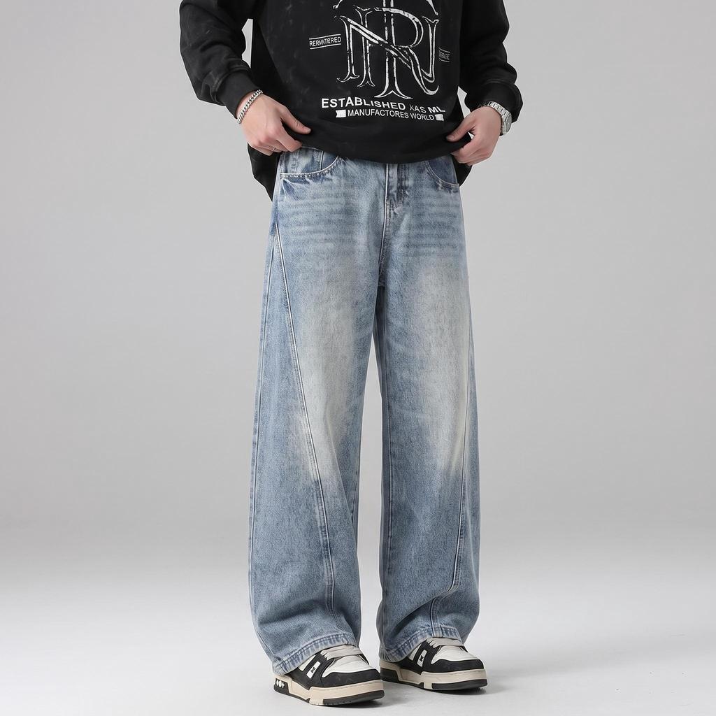 American Vibe Style Retro Washed Old Scimitar Jeans Men's Trendy Brand Ruffian Handsome High Street Loose Wide Leg Long Pants