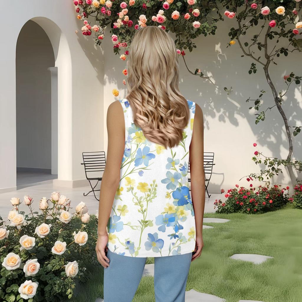 Women's Fashion Casual Pleated Square Collar Sleeveless Vest Print Summer T-shirt