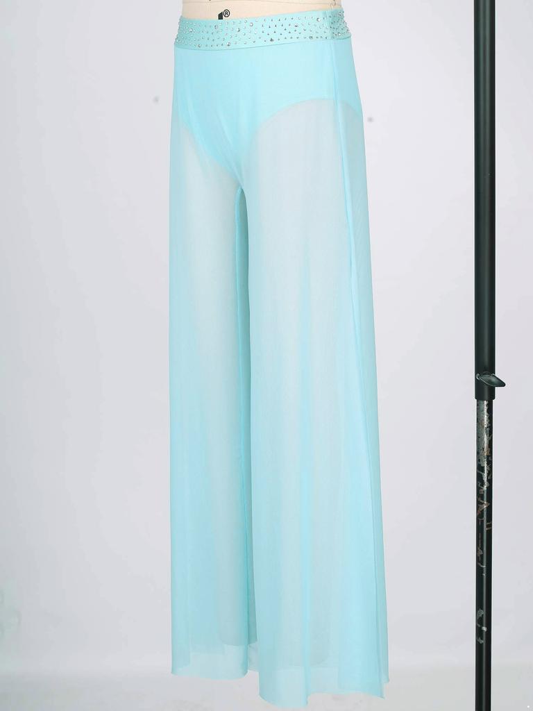 Kids Dance Competition Wear Rhinestone Waist Side Split Wide Leg Mesh Pants with Built-in Briefs for Lyrical Skating Show