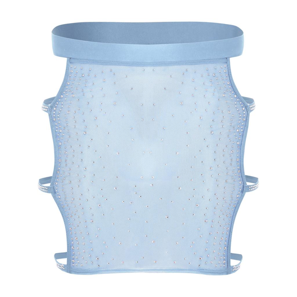 Womens Sparkly Rhinestone Mesh Miniskirt Elastic Waist Side Cutouts Bodycon Design See Through Club Skirt