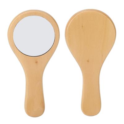 Handheld Wood Makeup Round Mirror Portable Wooden Handle Cosmetic Mirrors for Home Travel