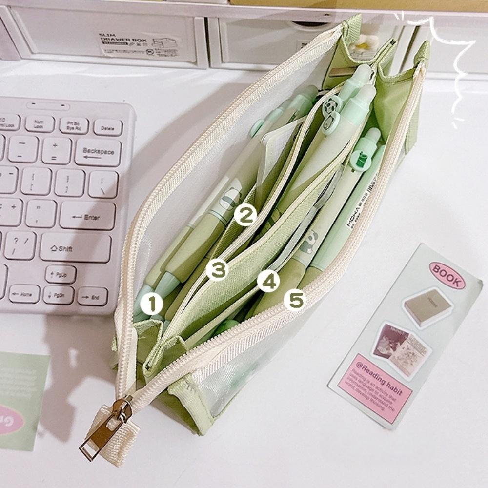 Trousse à crayons en maille transparente Color Block Sac de rangement pour stylos pour examen Minimaliste Grande capacité Multi-couches Papeterie