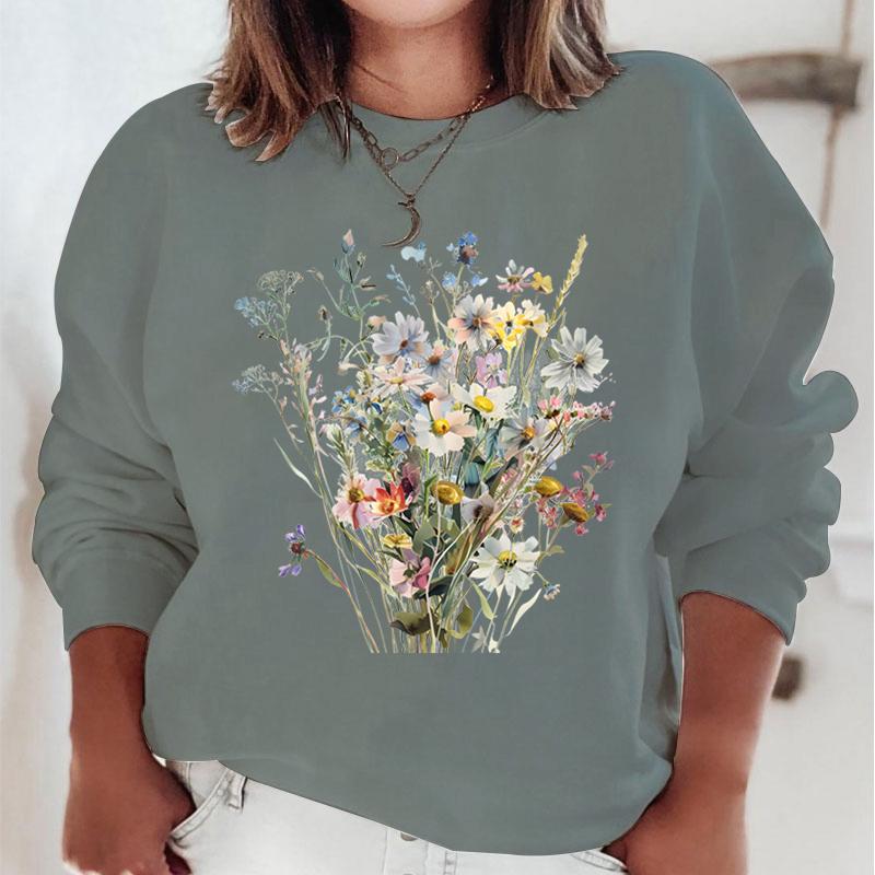 New Flower Hoodies Women Floral Oil Painting Y2K Sudaderas Long Sleeve Round Neck Vintage Boho Wild Flower Woman Sweatshirts