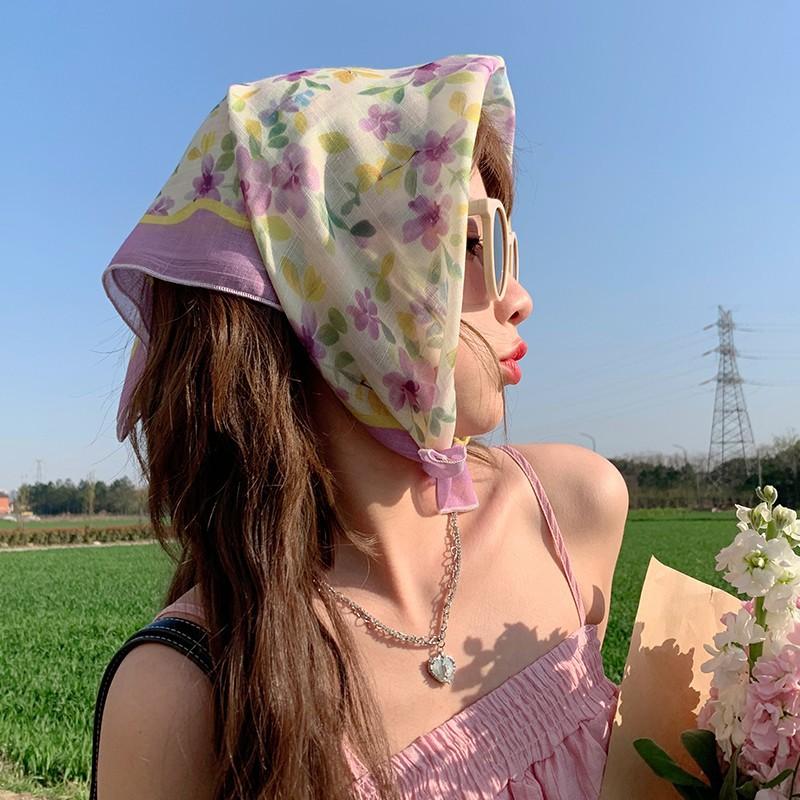 Eșarfă mică pătrată retro de țară, eșarfă artistică franțuzească din bumbac și in, eșarfă de cap pentru femei de primăvară și toamnă, vară, pentru umbră și protecție solară