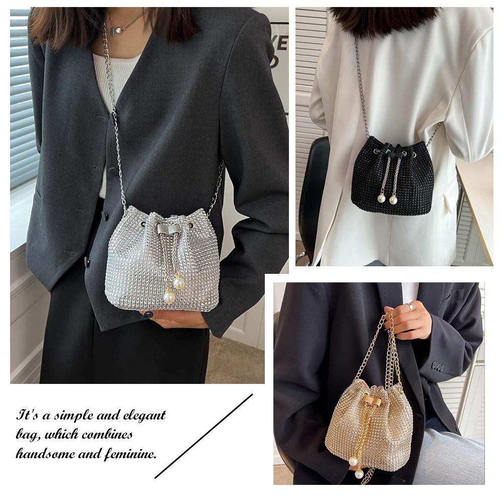 Women Fashion Bucket Bag Solid Color Rhinestone Glittering Satchel Bag Drawstring Shinny Sling Purse Female Dating Bag