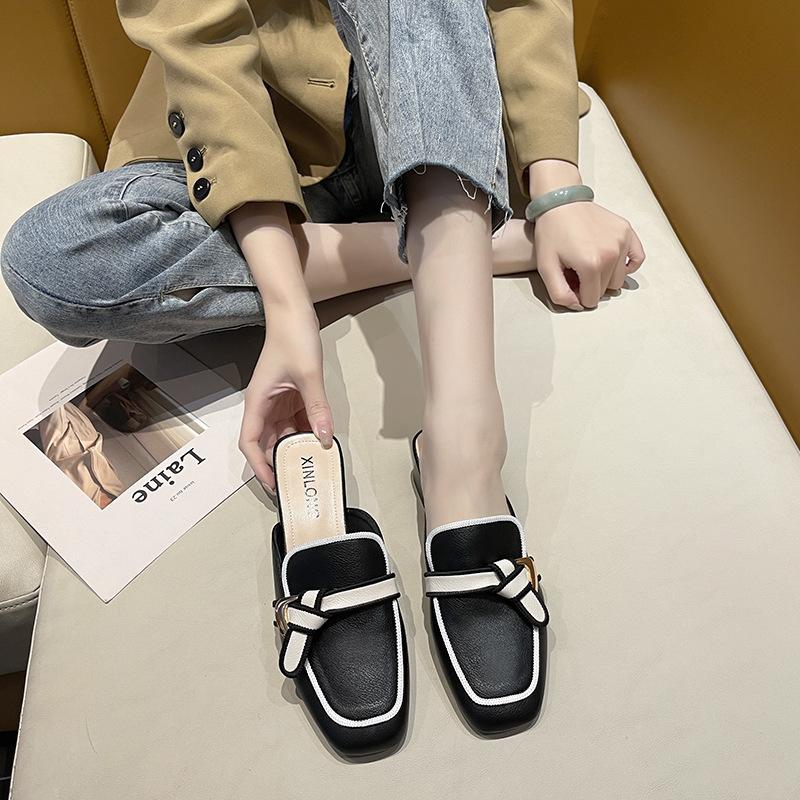 Baotou half slippers women's new summer middle heel women's shoes fashion thick heel Internet celebrity Muller cool slippers