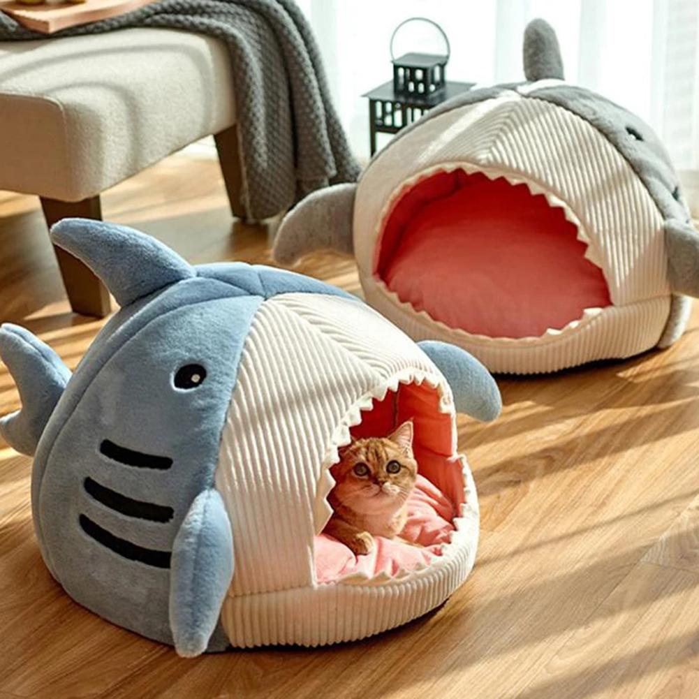 Cute Shark Pet Sleeping Bed Hideout House Warm Soft Comfortable Semi-closed Cat Dog Nest Pet Products