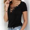 T-Shirt V-neck Cross Women Summer Short Sleeve Tops Hollow Out Top
