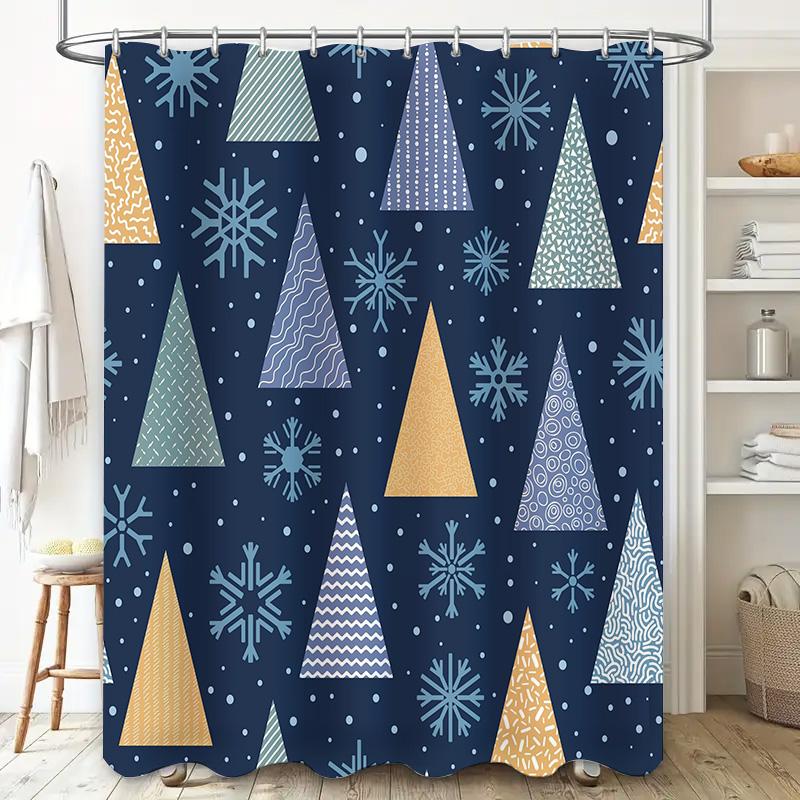 Modern Christmas Trees Shower Curtain Blue Festive Decor for Bathroom Snowflakes Triangles Pattern Printed Fabric Waterproof Hom
