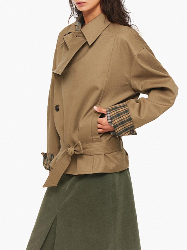 Vintage Double-Breasted Plaid Trench Coat for Women