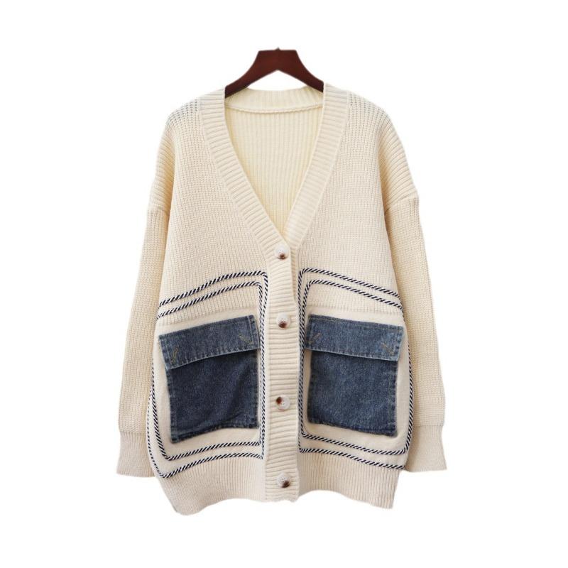 Autumn and Winter New Loose Splicing Denim Knitted Cardigan Design Sense Lazy Wind Sweater Jacket Women