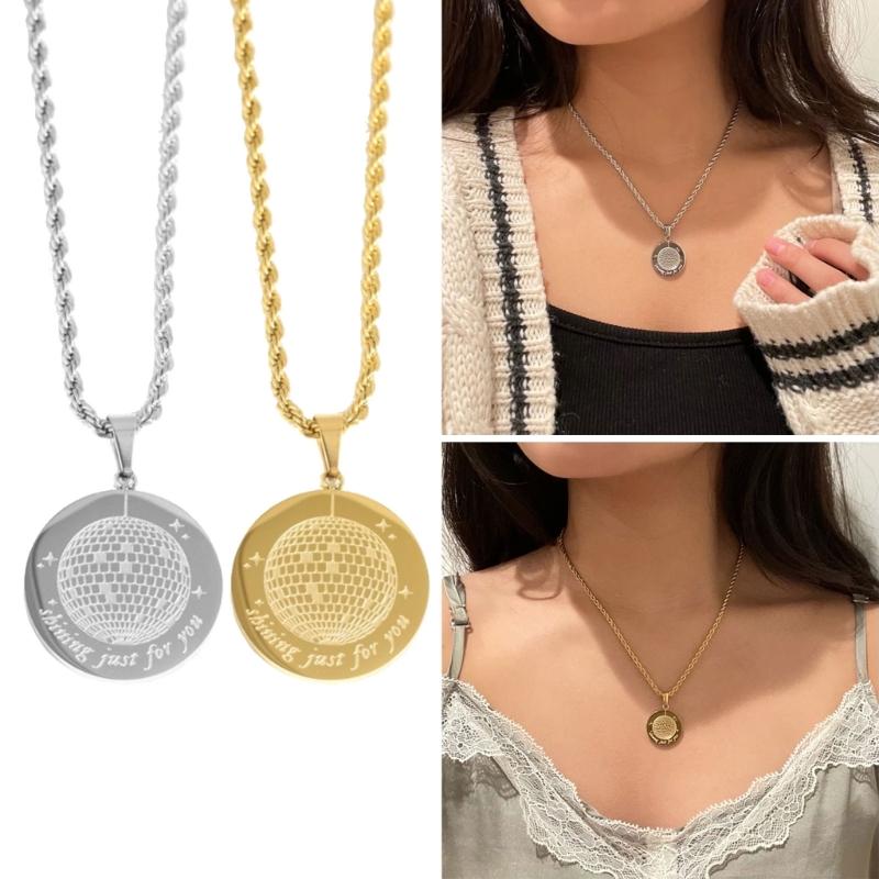 Metal Thick Twists Rope Chain Necklace Simple Clavicle Chain Engraved Light Ball Pendant Necklace Fashion Party Jewelry