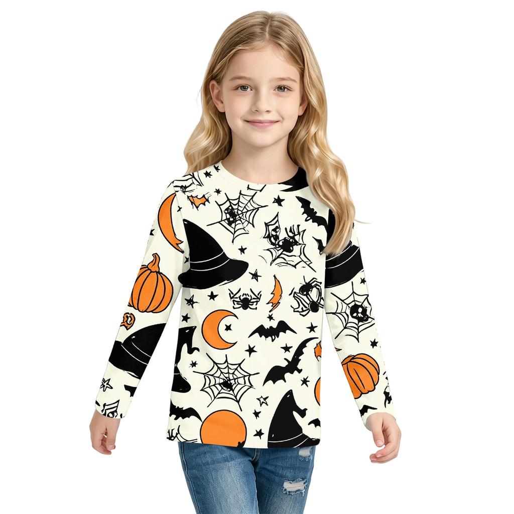 Children's Halloween Print Long Sleeve Neck T-Shirt for Boys Girls