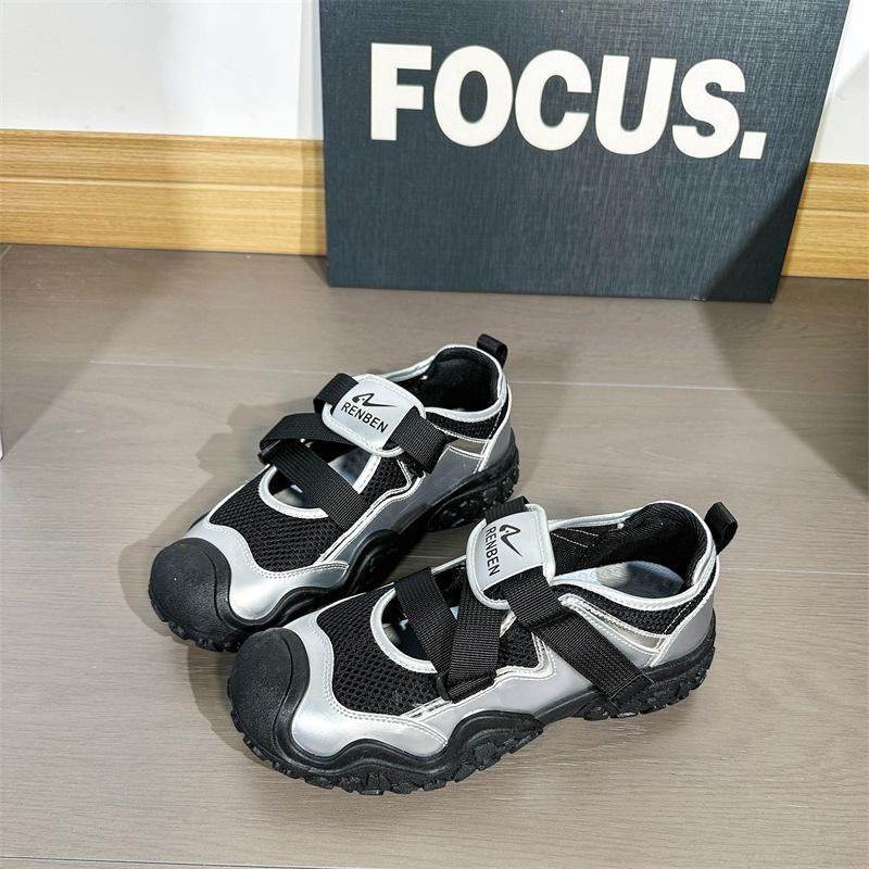 

2025 new thick-soled bag head sandals women s summer student Velcro breathable casual sports mesh hollow shoes 40
