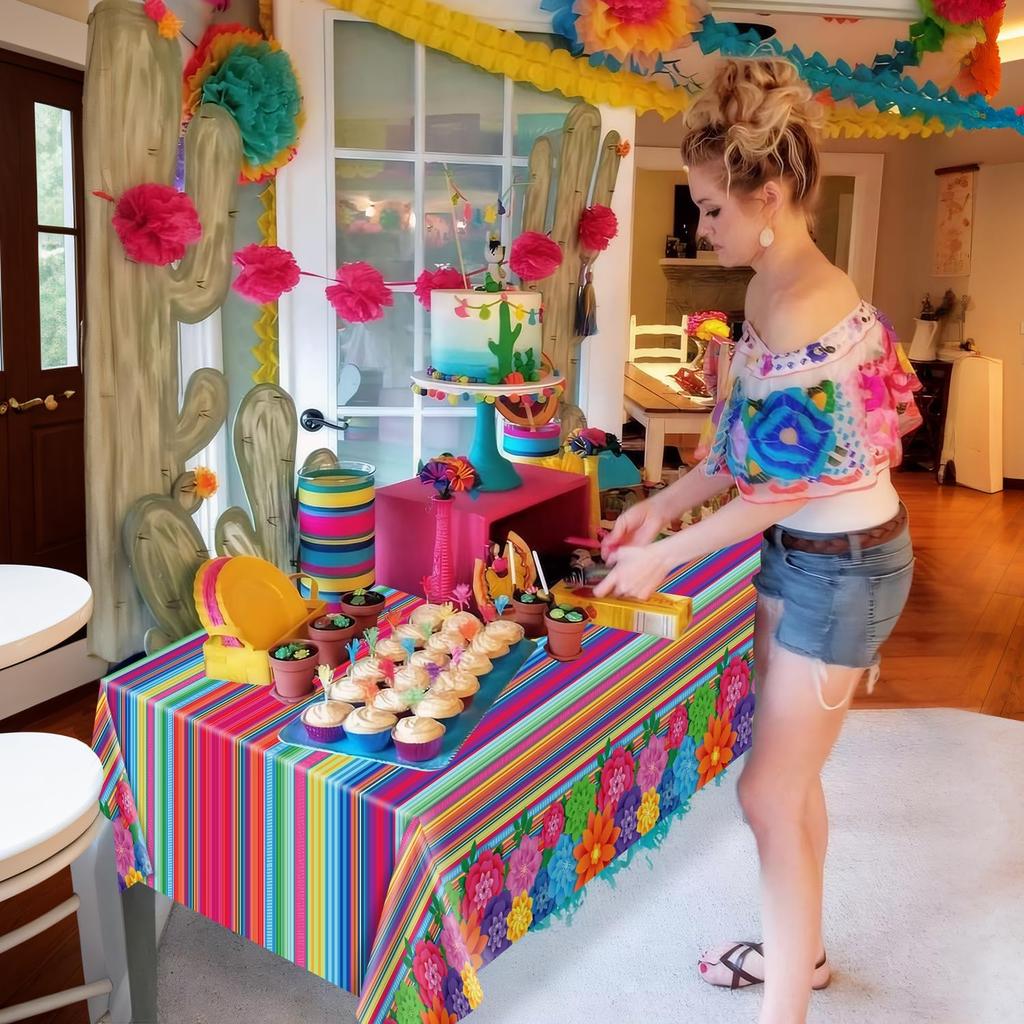 4PCS Mexican Holiday Theme Table Cloth Mexican Fiesta Tablecloths Cinco De Mayo Table Cover Mexico Colorful Striped Paper Flower Table Cloth for
