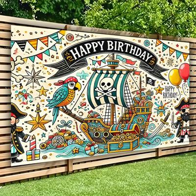 2D Kids Pirate Ship Birthday with Parrot and Treasure Photo Booth Background