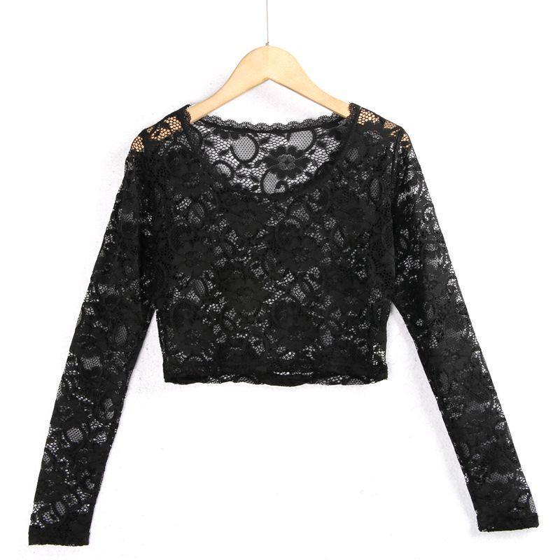 

round Neck Pullover Lace Long-Sleeved Short Sexy Lace Shirt Black L