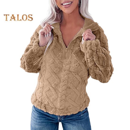 

Зимняя женская толстовка с отложным воротником на молнии с ромбовидной текстурой, плюшевая толстая с длинными рукавами, однотонная, сохраняющая тепло, осенний топ S хаки