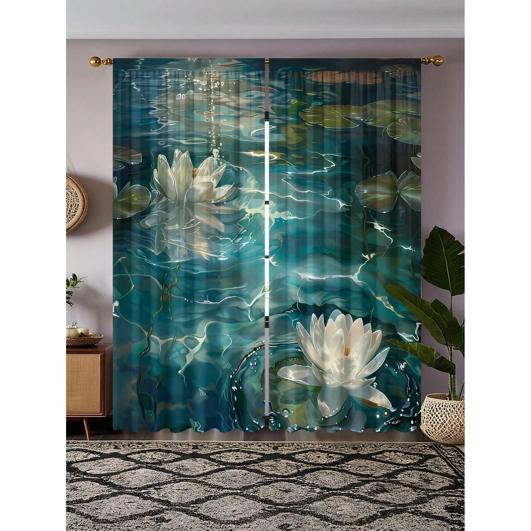 

Modern Water Lotus Print Curtains Design Polyester Knit Fabric Suitable Bedroom Office Light Filtering Set Of 2 Made Machine Washable Sleeping Area W100*H70(CM)-Hooks&1PCS