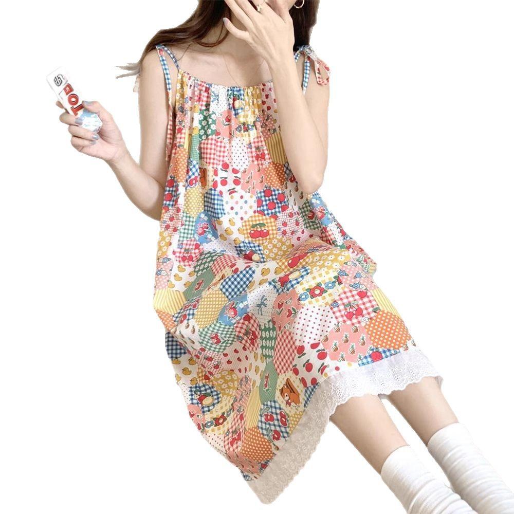 Strap Sleeveless Suspender Dress Women's Summer New Dopamine Lace Splicing Loose and Thin Medium and Long Dress