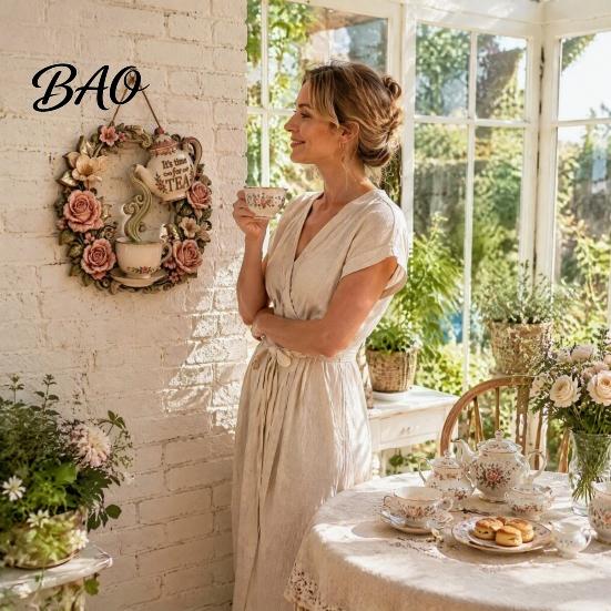 Creative Garden Accessories It's Time for Tea Door Sign, Metal Floral Wreath Hanger with Teapot Teacup Design, Art Windowsill Rustic Wall Decor