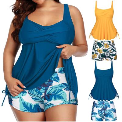 Kadın iki parçalı mayo kaşkorse mayo Backless iki parçalı mayo kolsuz bluz yüzme şortu ile ince baskı büyük boy mayo seti