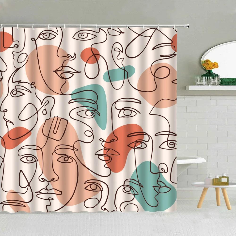 Line Art Shower Curtain for Bathroom Accessories Folding Partition Curtains Bath Bedrooms Houses Rooms Quarto Waterproof FaXT6